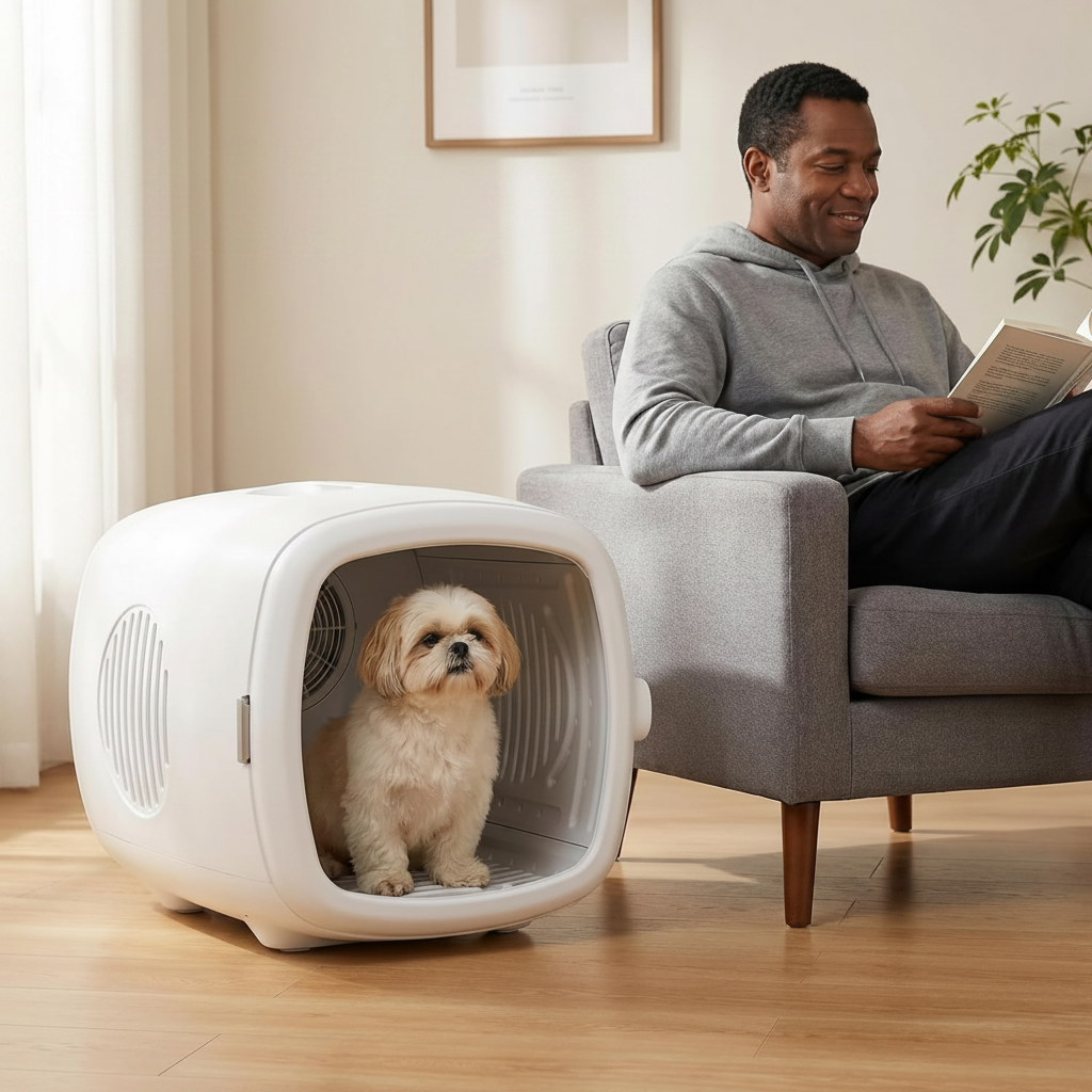 White pet grooming dryer box with open front and small dog sitting inside