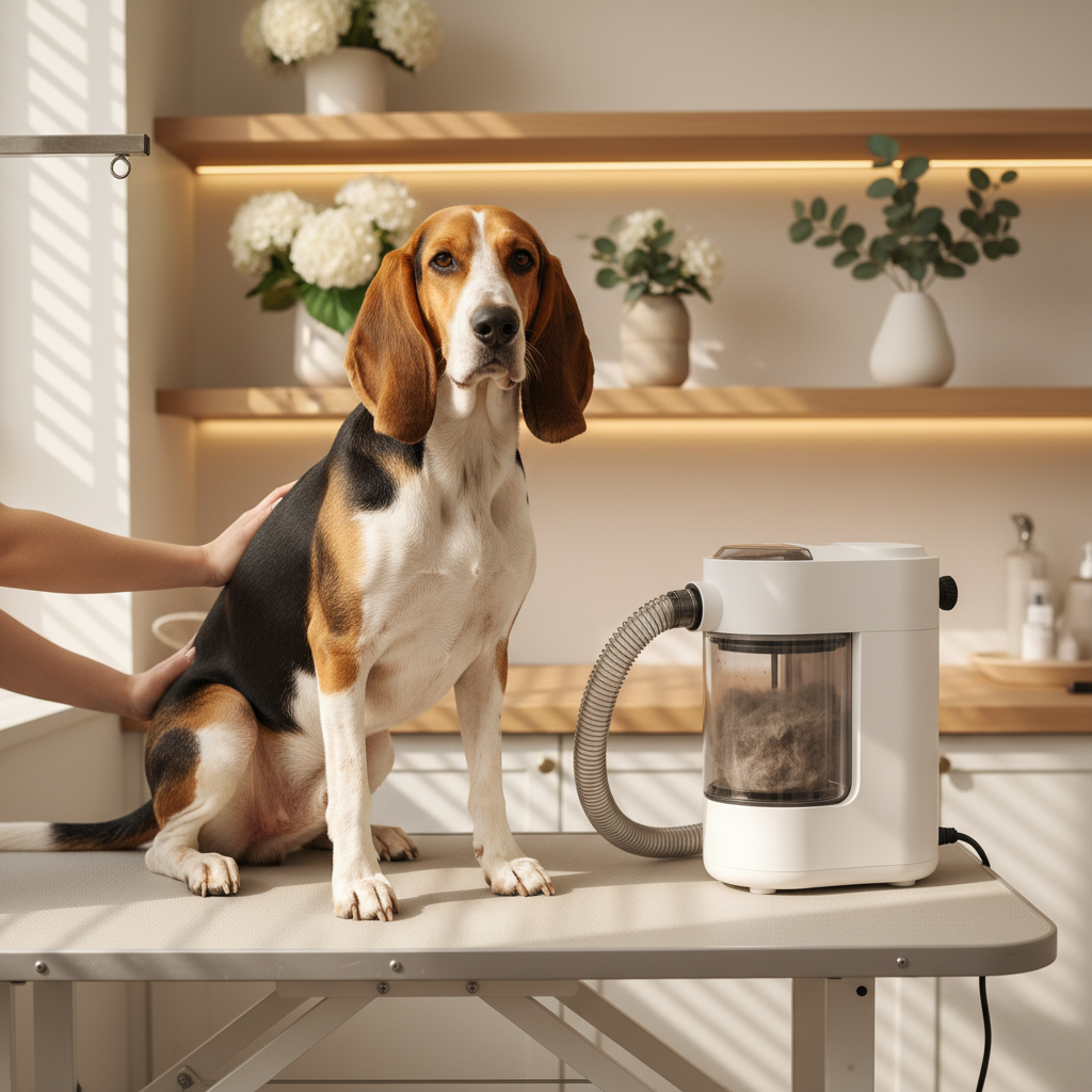 Pet grooming hair-removal device with clear cup and hose, on white grooming table