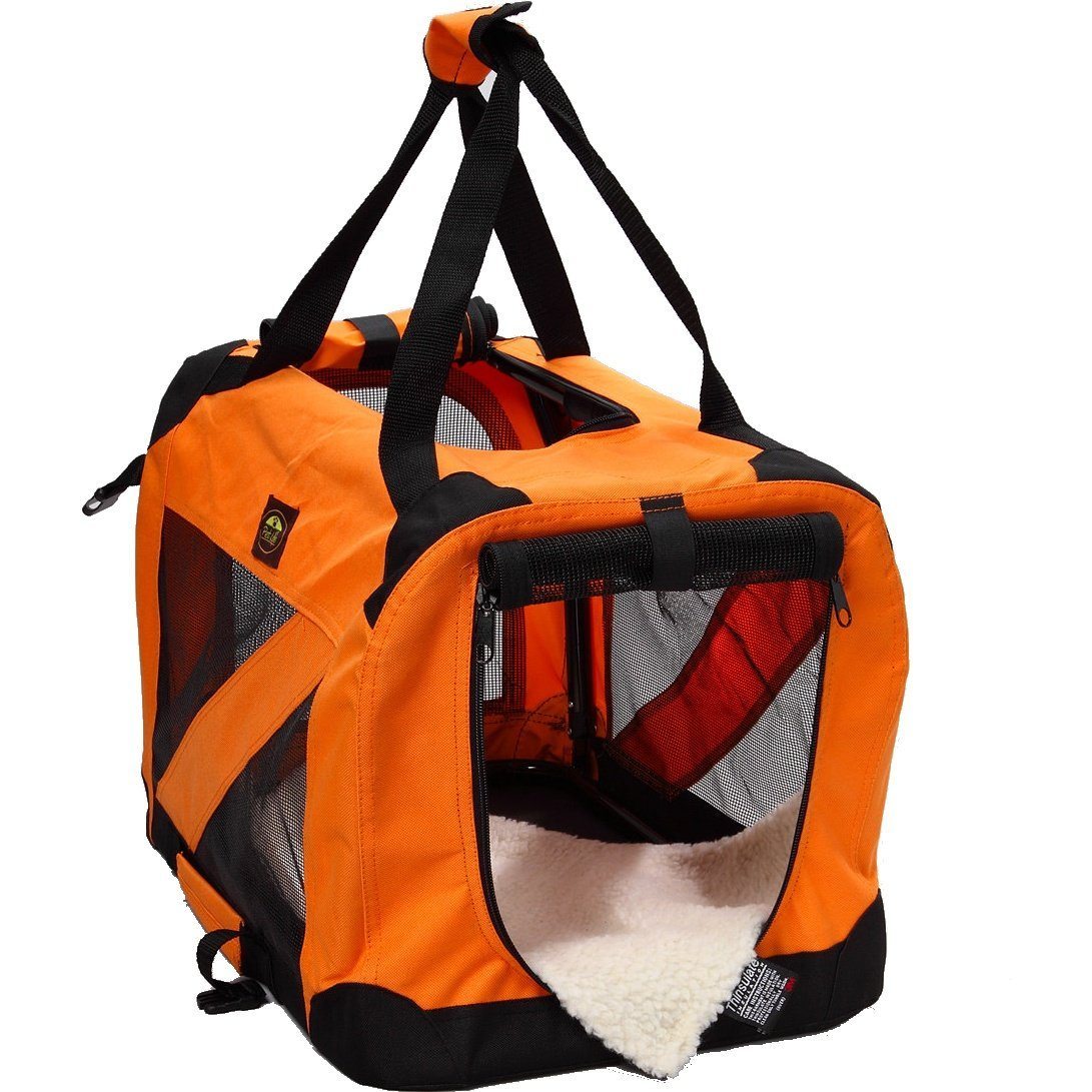 Orange soft pet crate with mesh openings and plush-lined interior, open side view