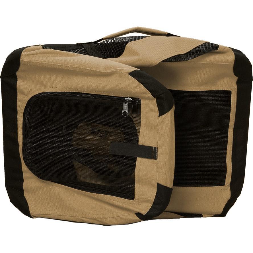 Khaki soft folding pet crate with zippered mesh window and metal frame panels