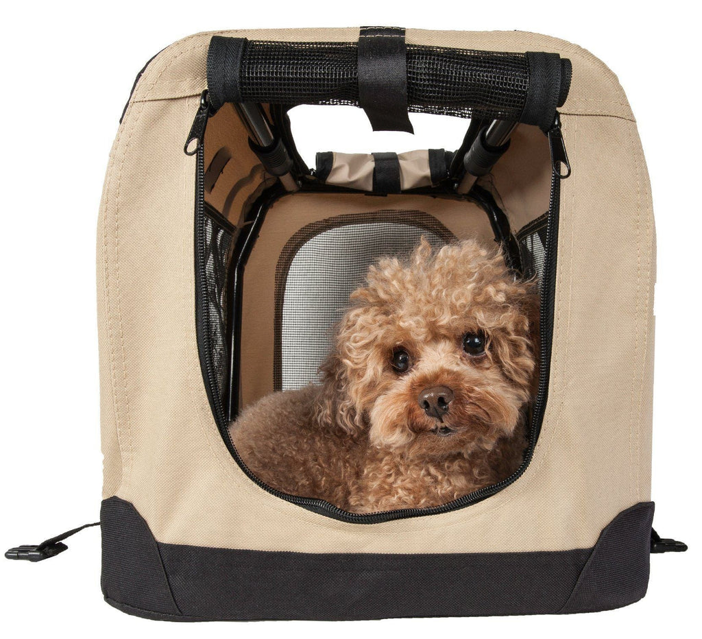 Khaki folding pet crate with zippered front mesh; small dog looking out