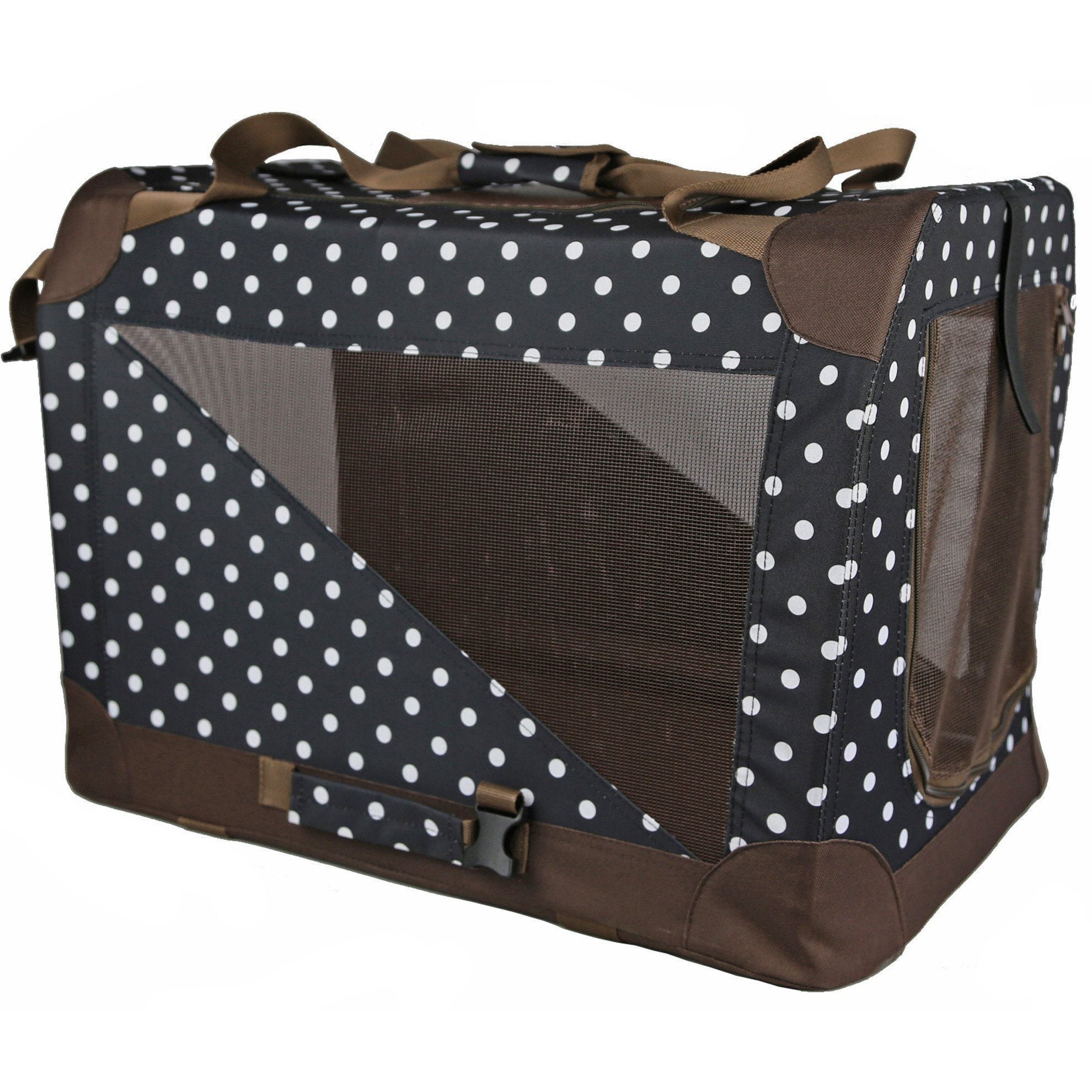 Dark navy and brown polka soft pet crate with zippered mesh panels and side carrying strap