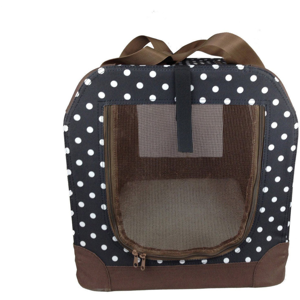 Dark navy polka pet crate with zippered mesh front panel and top carry handle