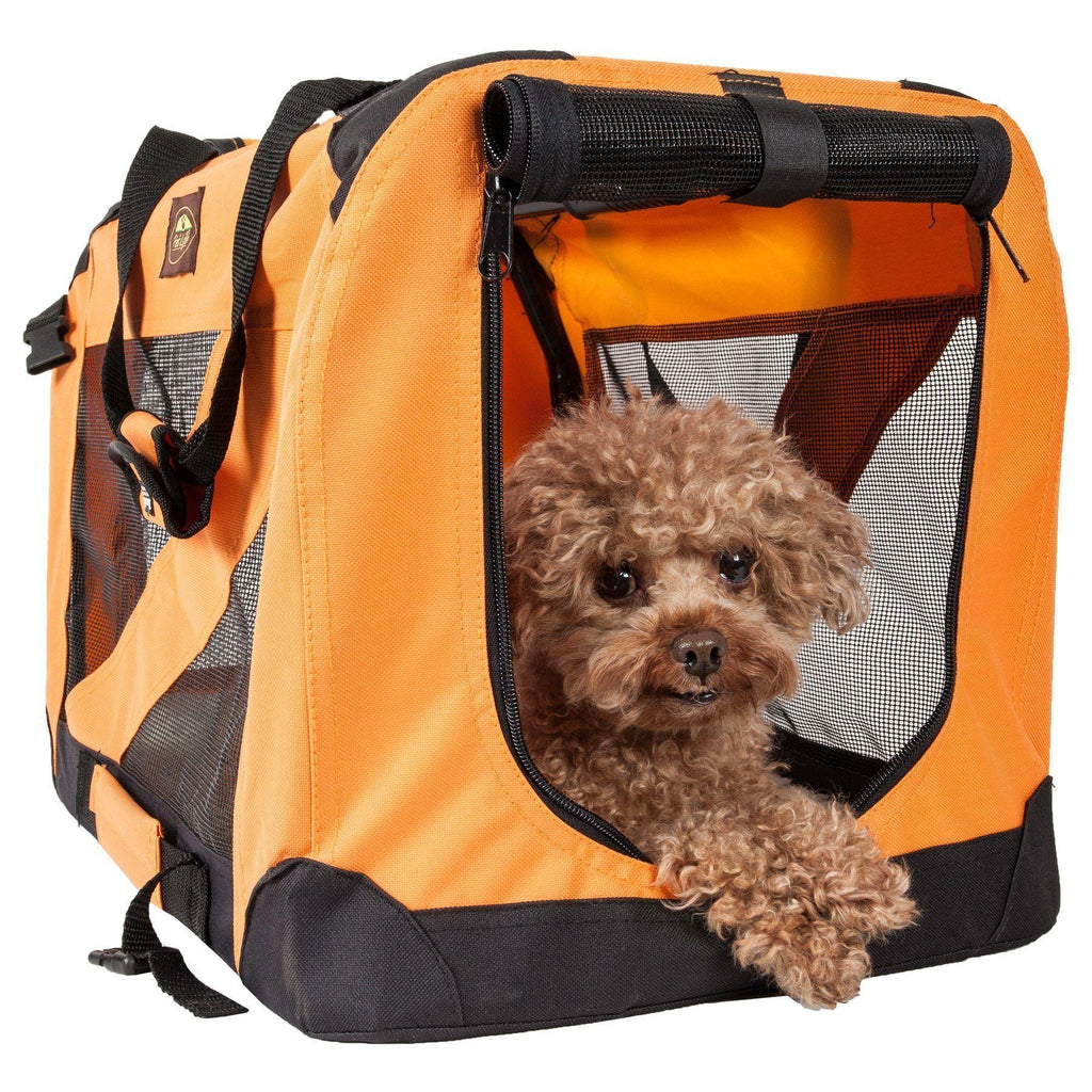 Orange folding pet crate, zippered mesh window and padded handle; dog face at front