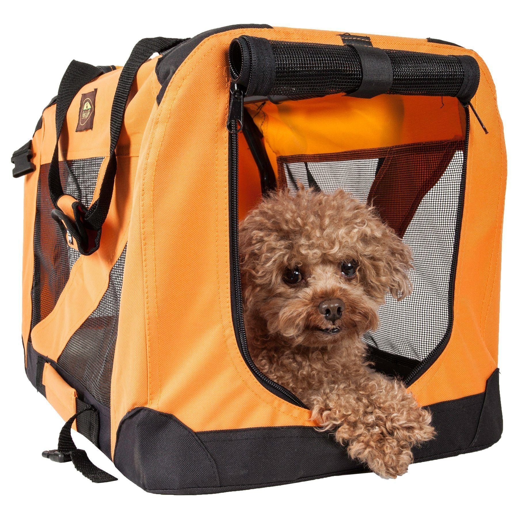 Orange folding pet crate, zippered mesh window and padded handle; dog face at front