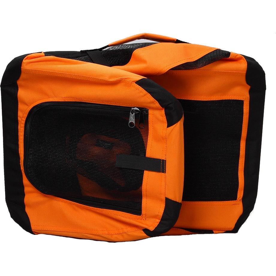 Orange soft folding pet crate with zippered mesh window and black mesh side panels