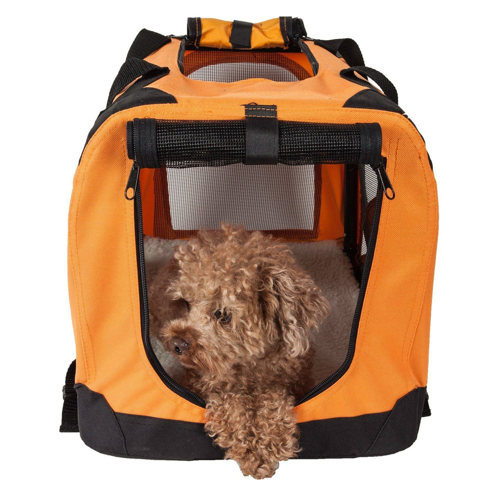 Orange folding pet crate with zippered front mesh; small dog resting inside