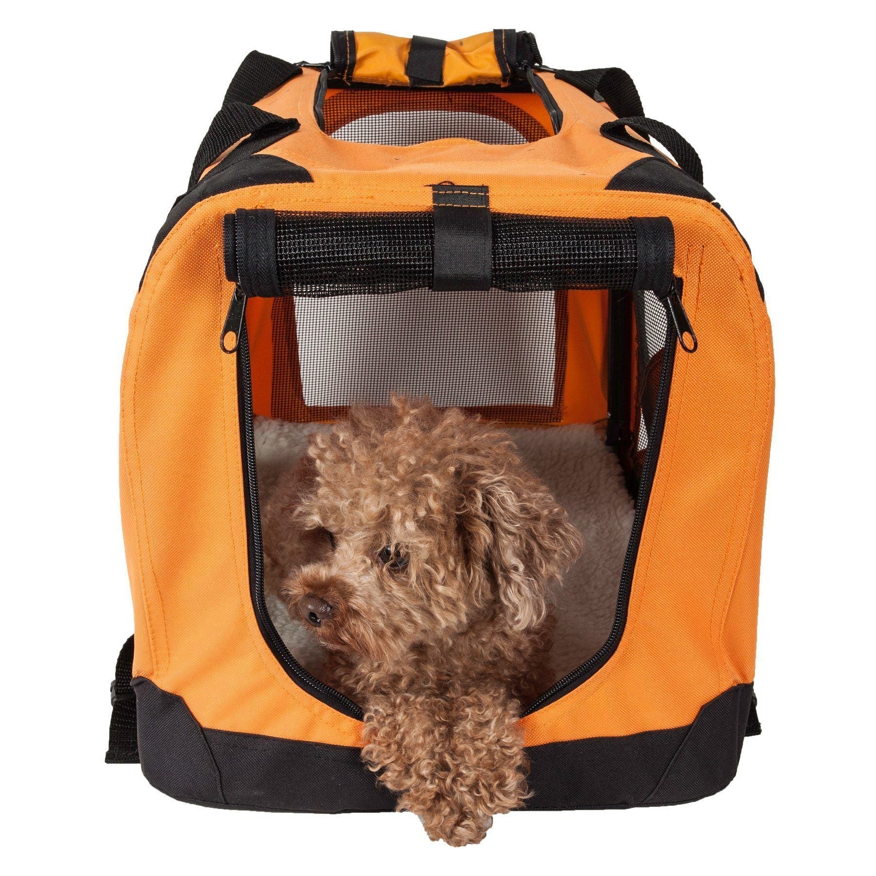 Orange folding pet crate with zippered front mesh; small dog resting inside