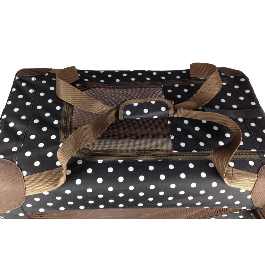Polka dot pet crate interior view with mesh panels and padded straps