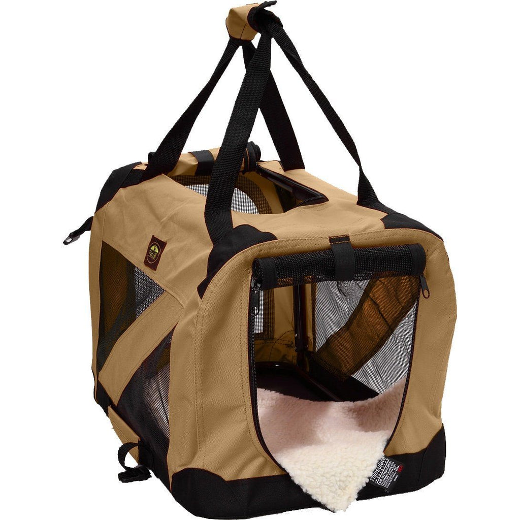 Khaki soft pet crate with mesh openings and plush-lined interior, open side view