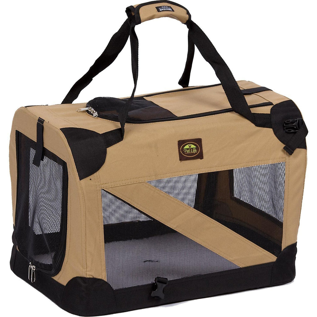 Khaki soft folding pet crate with mesh sides, zippered doors, and top handle