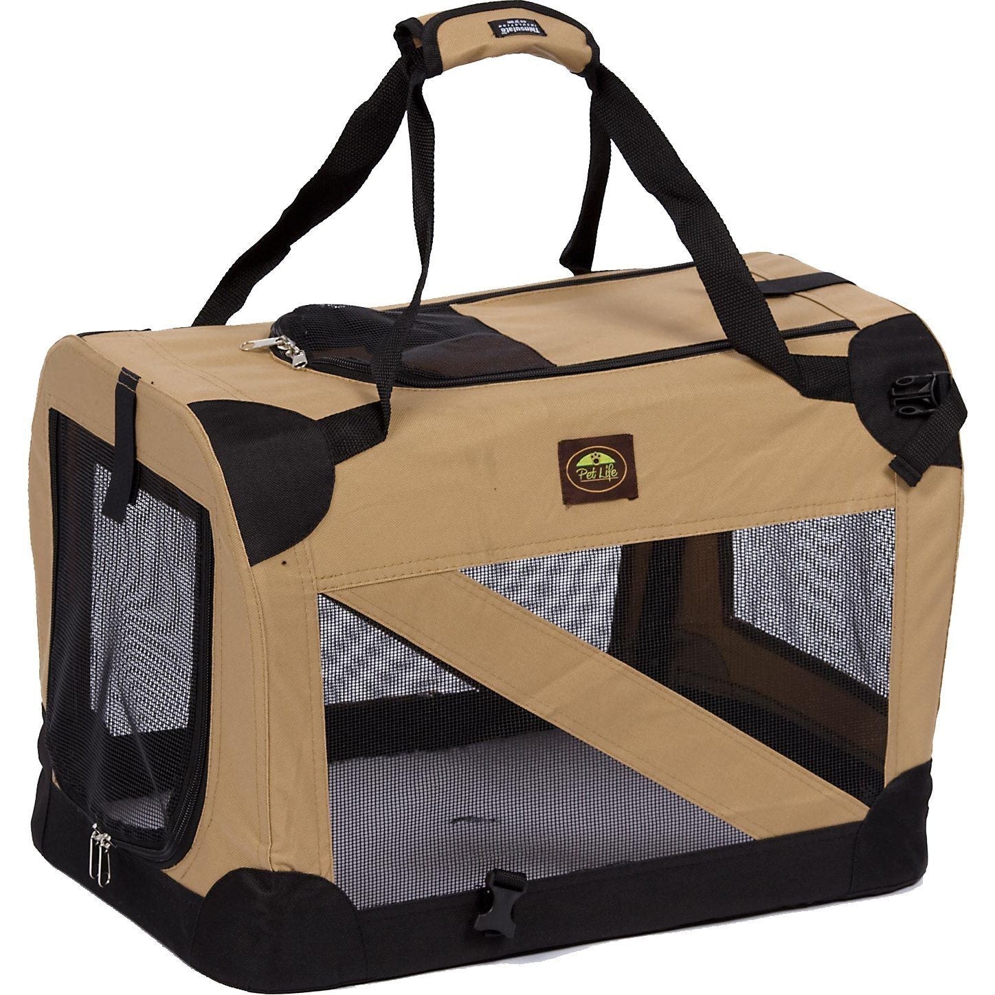 Khaki soft folding pet crate with mesh sides, zippered doors, and top handle