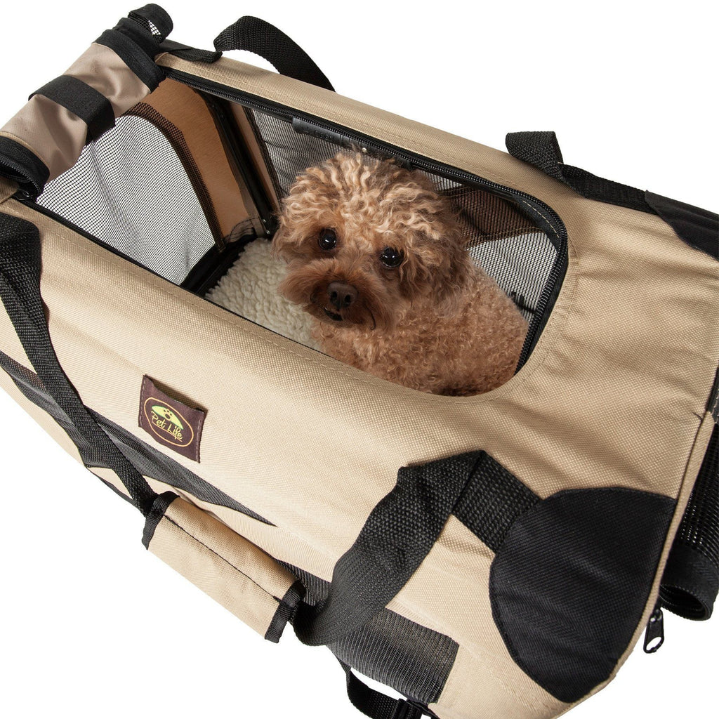 Khaki soft pet crate carrier with mesh window showing a small curly-haired dog