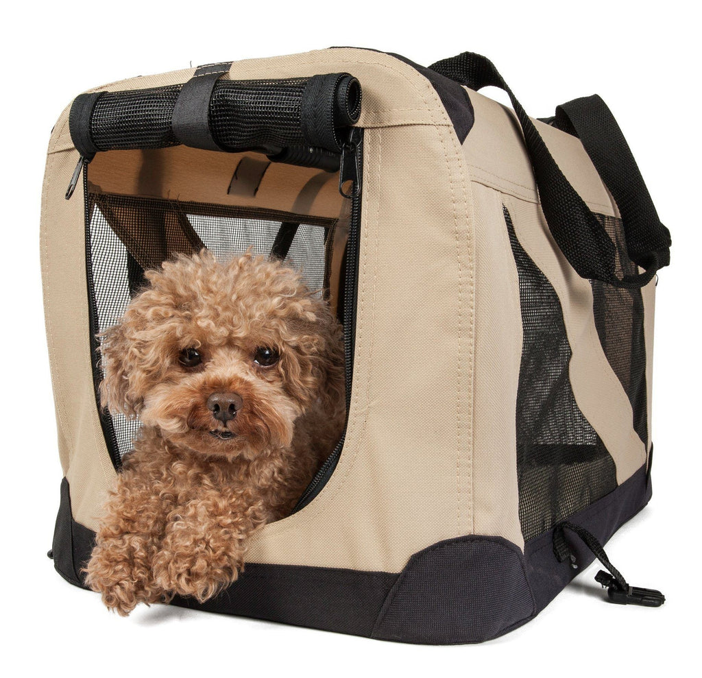 Khaki folding pet crate with zippered mesh window, carry straps, dog inside