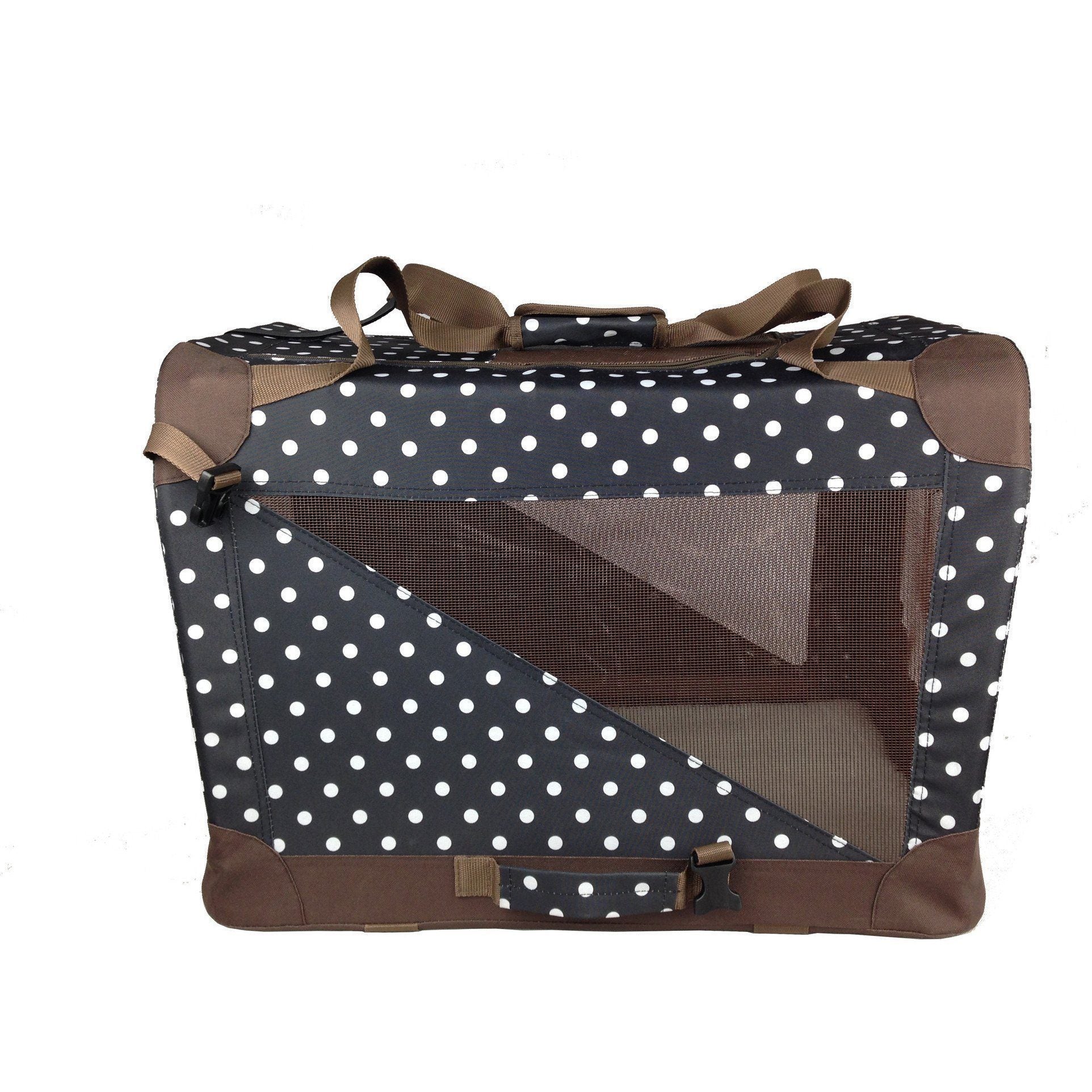 Dark navy and brown polka dot soft pet crate with zippered mesh front panel