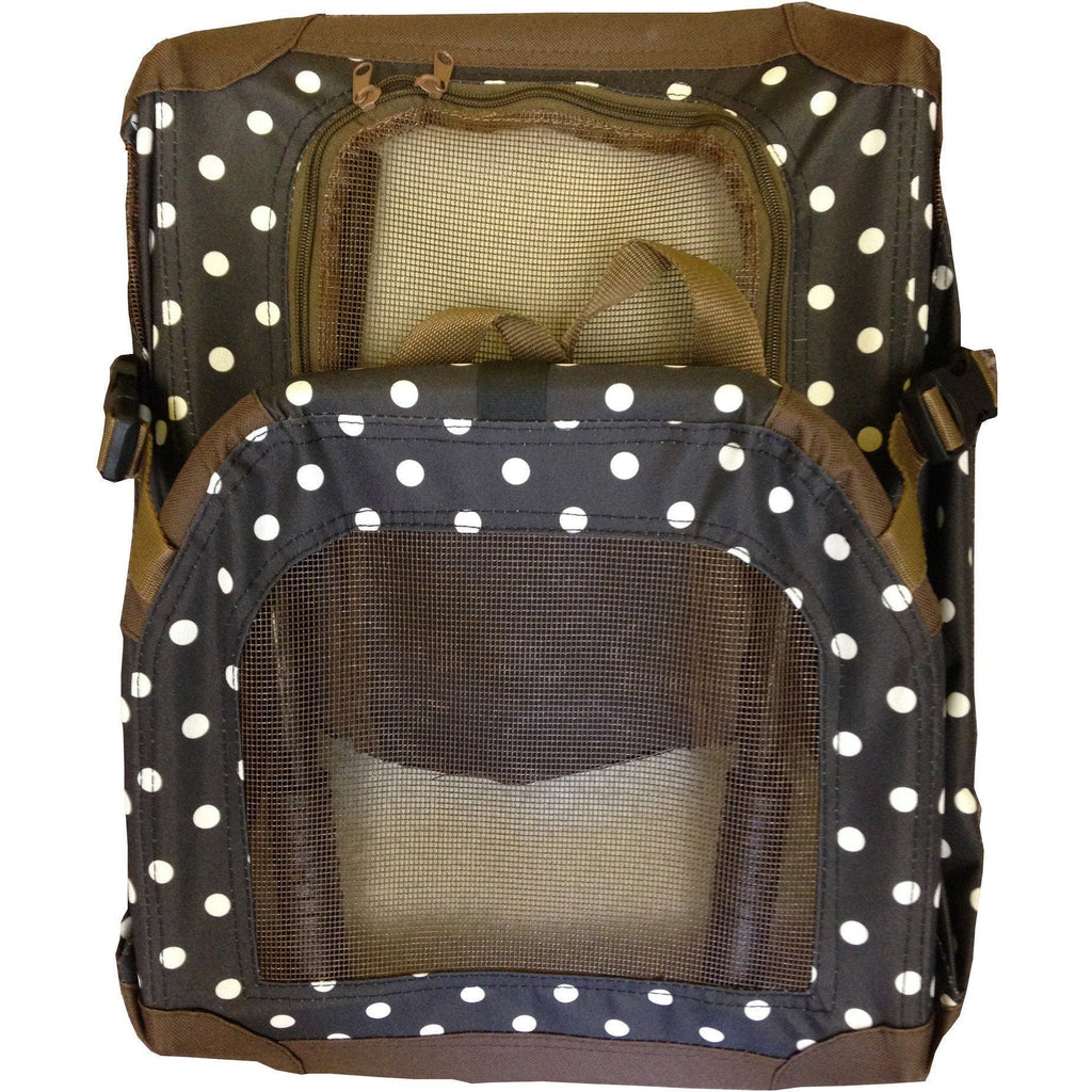 Dark navy and brown polka dot pet crate with zippered mesh viewing panels