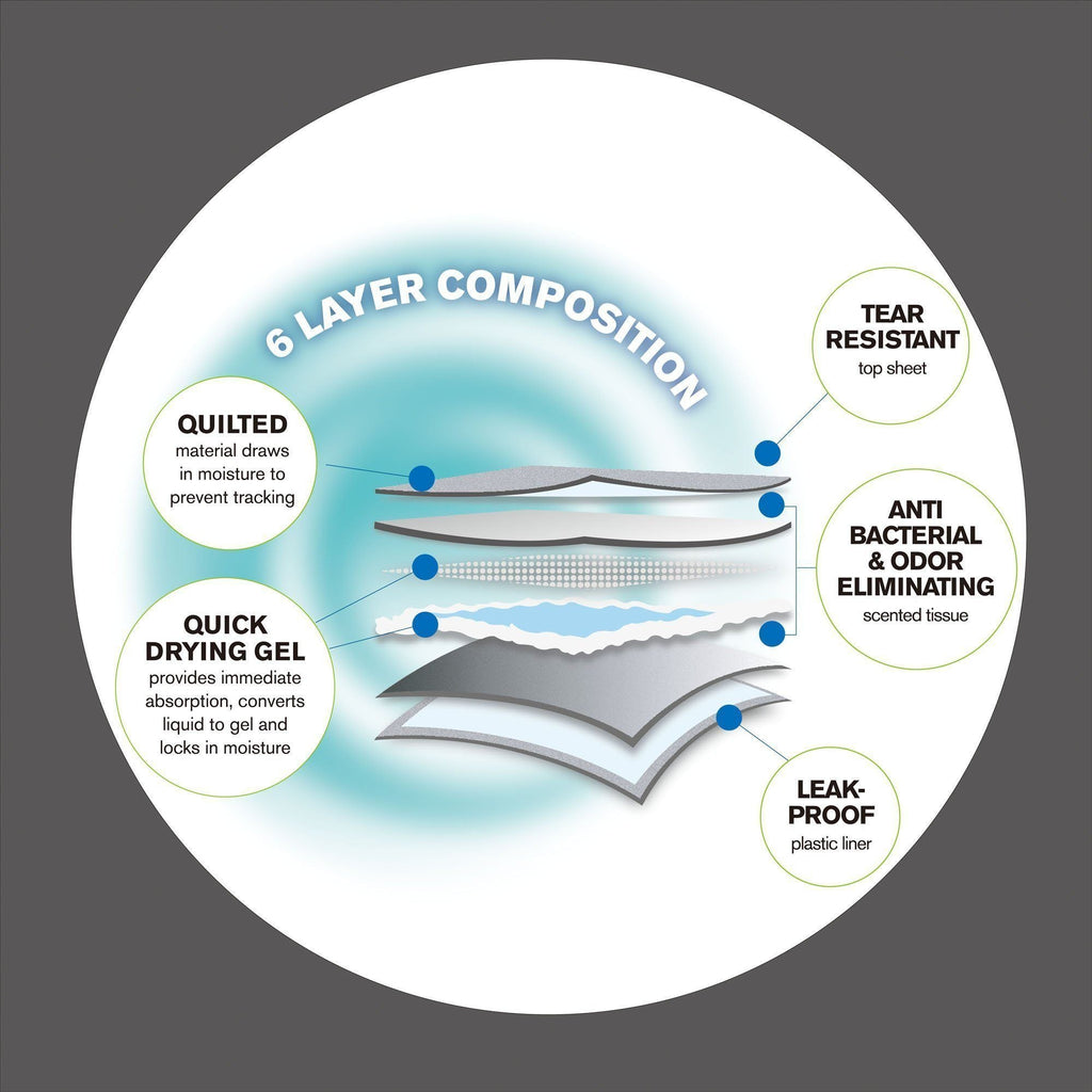 6-layer dog training pad diagram: leakproof liner, anti-bacterial and odor control