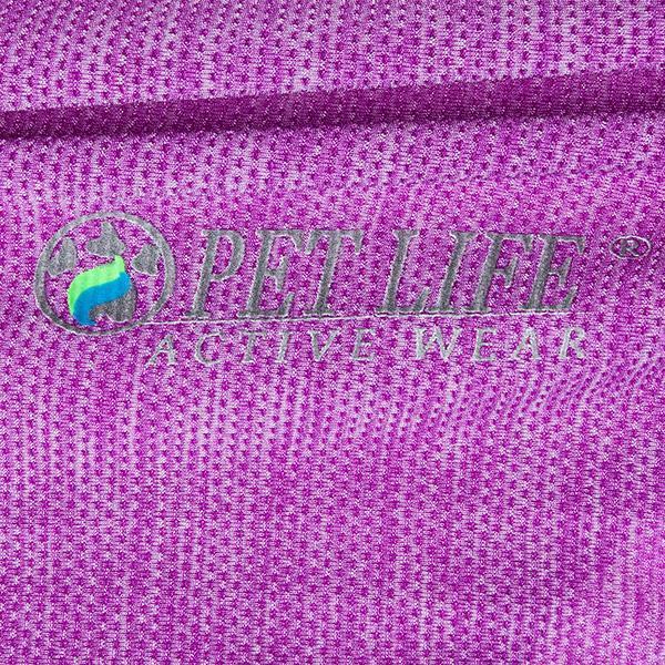 Purple/maroon dog active t-shirt fabric with PET LIFE Active Wear logo detail