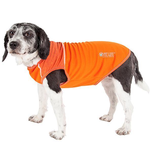 Dog yoga t-shirt tank in bright orange, sleeveless active fit with curved underarm panel