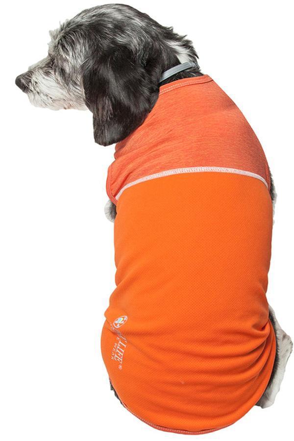 Orange dog performance tank top with reflective piping, side view