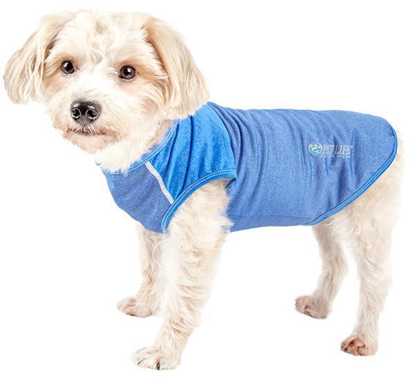 Dog yoga t-shirt tank in blue heather, four-way stretch look, sleeveless athletic fit