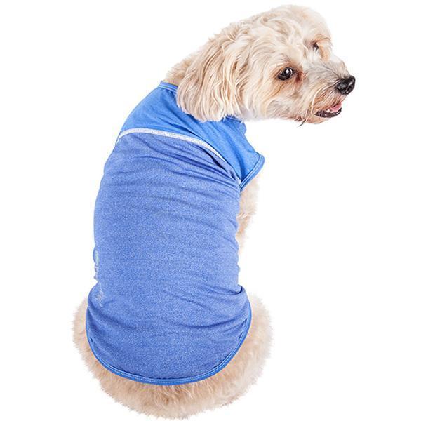 Dog yoga fitness tank t-shirt, blue heather, sleeveless with neck and leg openings
