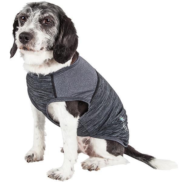 Dog yoga t-shirt tank in charcoal gray heather, sleeveless with side opening for legs