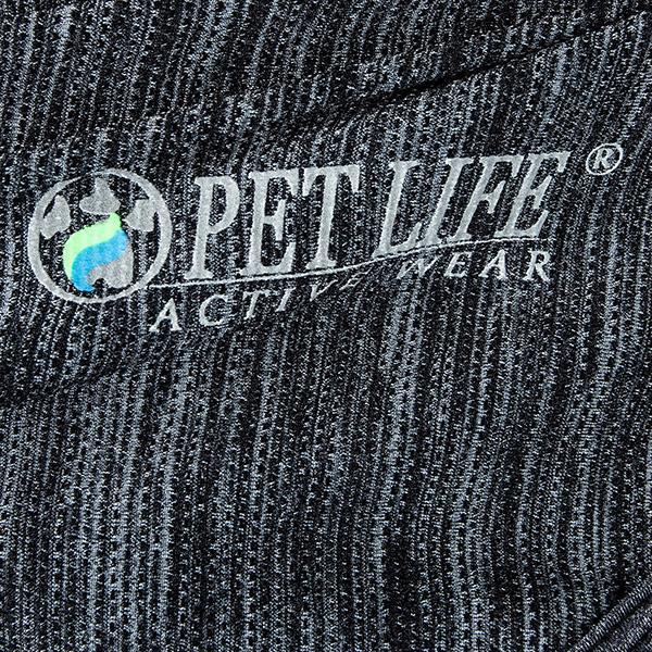 Dark maroon/purple dog active t-shirt fabric with PET LIFE Active Wear logo print