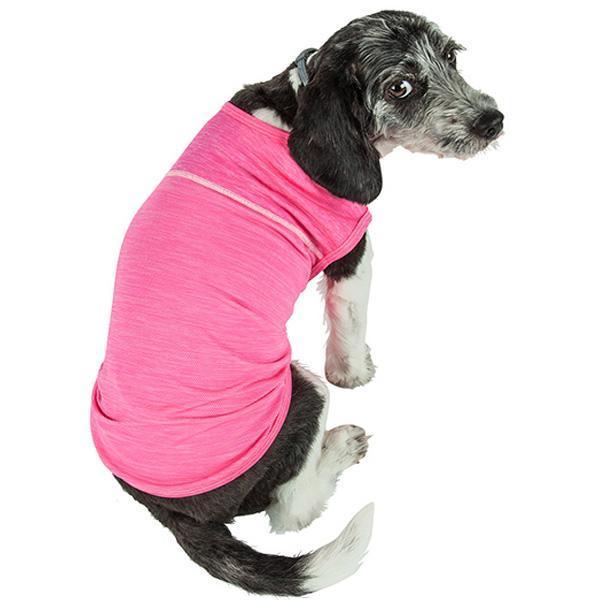 Hot pink dog active tank top with contrast trim, front/side view