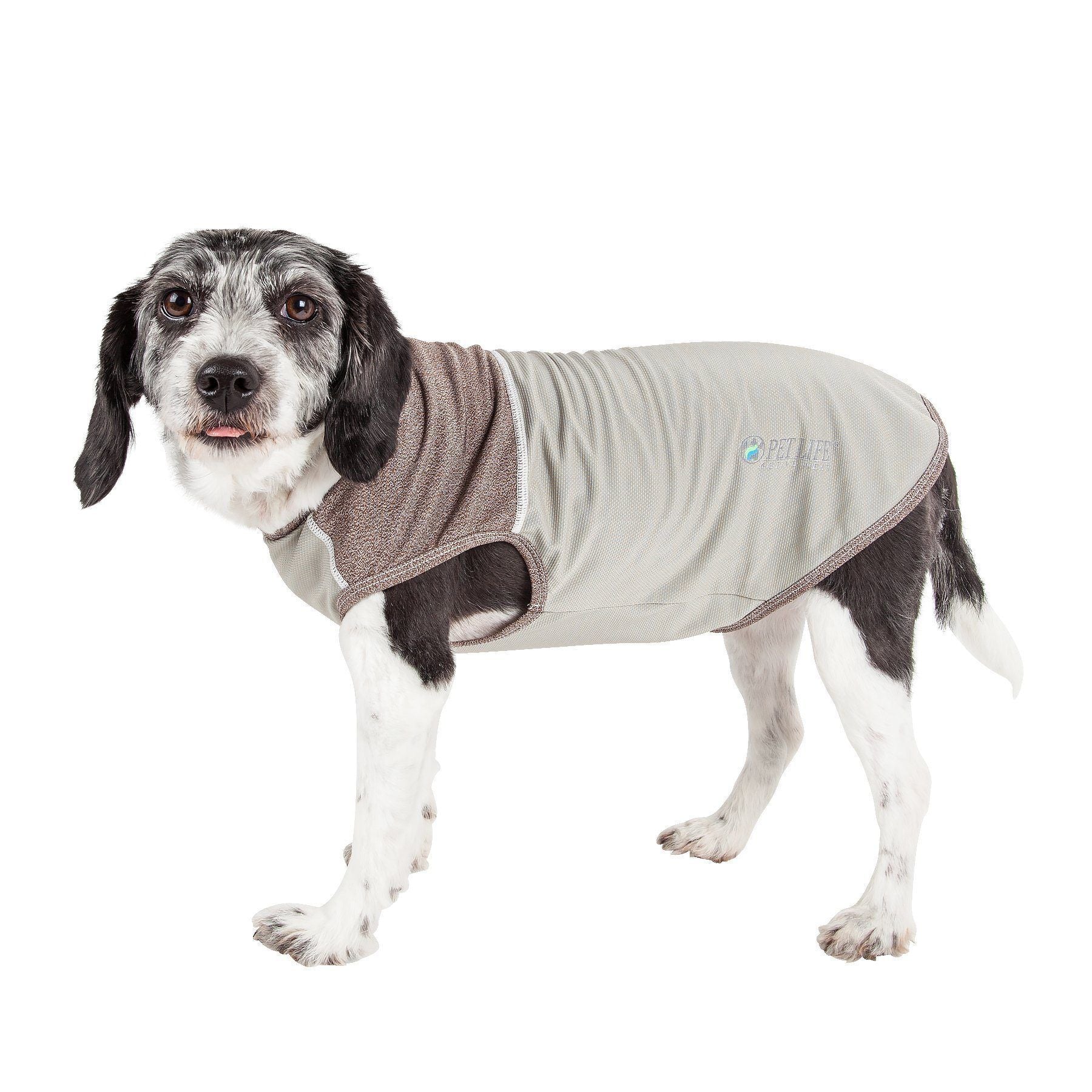 Dog yoga t-shirt tank in tan heather, sleeveless stretch knit with contrast edge seams