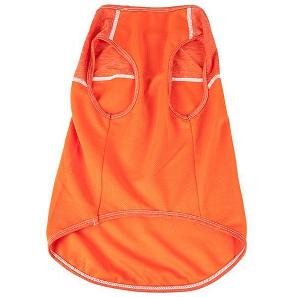 Dog yoga fitness tank back view, bright orange with two paw-hole openings and trim