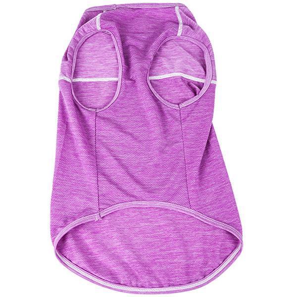 Dog workout tank t-shirt, purple heather back with two large circular leg-hole openings