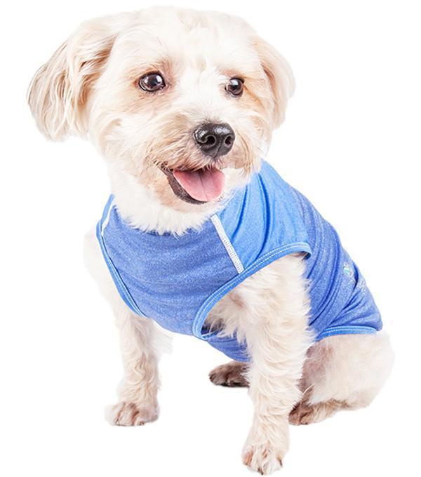 Dog yoga t-shirt tank in blue heather, sleeveless fit with white contrast piping