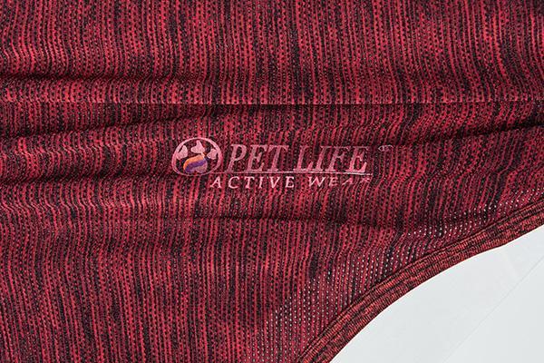 Maroon dog active tee fabric closeup with printed chest logo