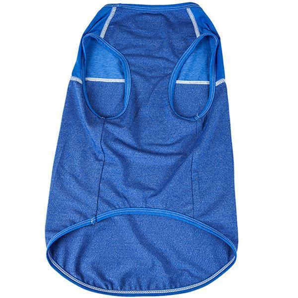 Dog yoga fitness tank back view, blue heather fabric with two paw-hole openings