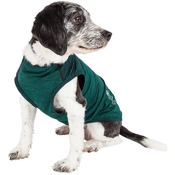 Dog yoga fitness T-shirt, dark green with white trim and front paw-hole opening