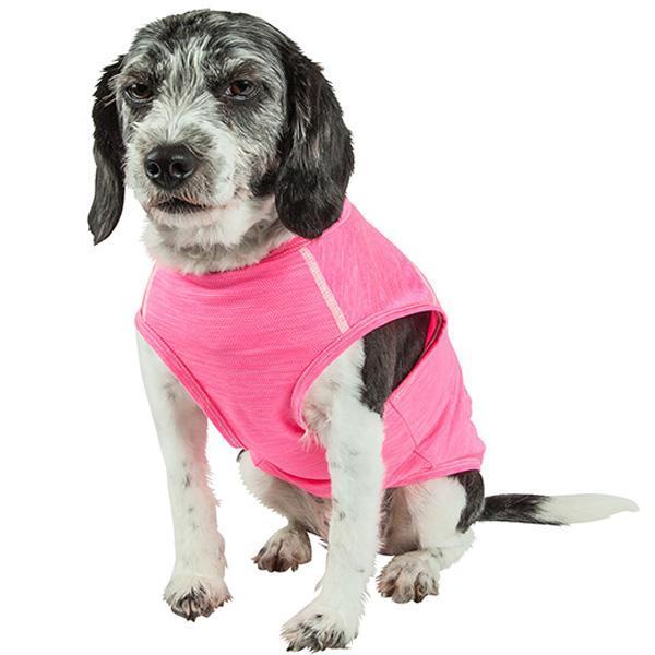 Dog yoga fitness T-shirt, pink with white trim and front paw-hole opening