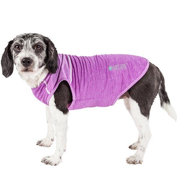 Dog yoga t-shirt tank in purple heather, sleeveless stretch fabric with contrast trim
