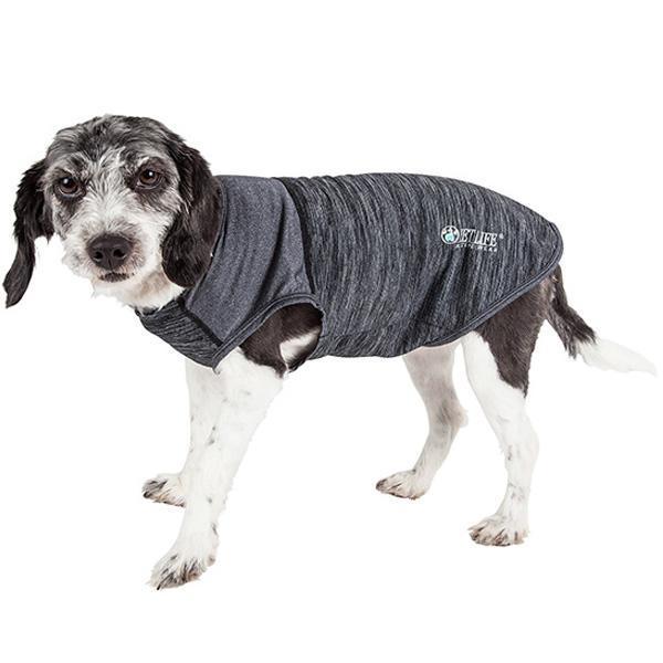Dog yoga t-shirt tank in dark gray, heather knit, sleeveless with snug neck opening