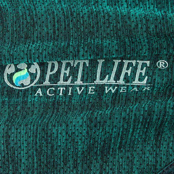 Teal dog active t-shirt fabric close-up with PET LIFE Active Wear logo print