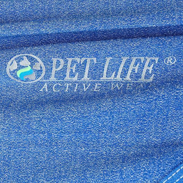 Blue heather performance dog shirt fabric close-up with brand logo