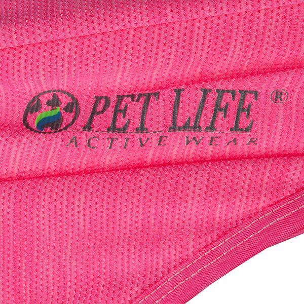 Pink dog active t-shirt close-up with PET LIFE Active Wear logo and seam trim