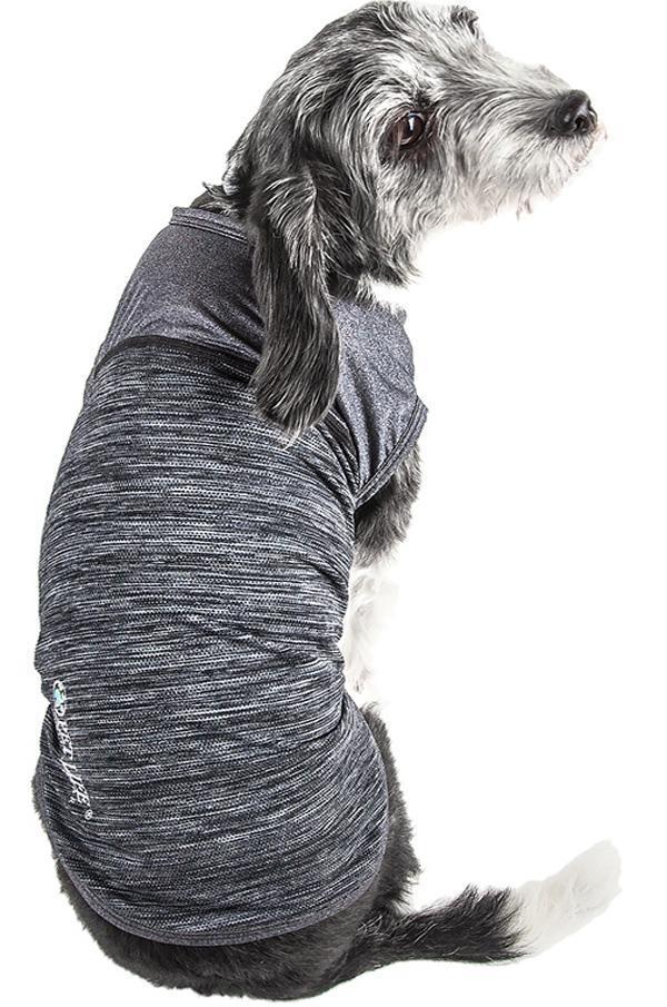 Gray heather dog quick-dry tank top with raglan sleeves, viewed from the back