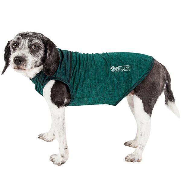 Dog yoga t-shirt tank in deep teal, sleeveless stretch fabric with small chest logo