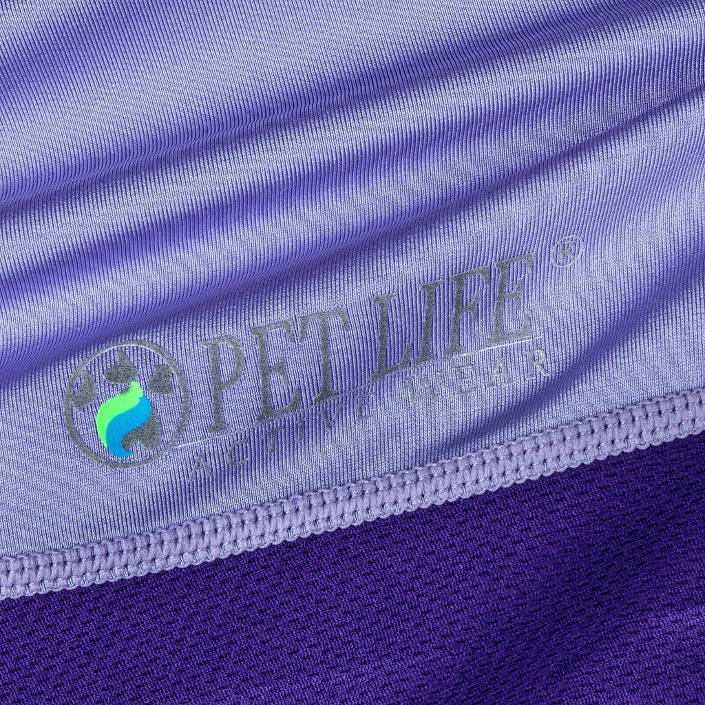 Purple dog polo hem with 'Active Wear' style logo text