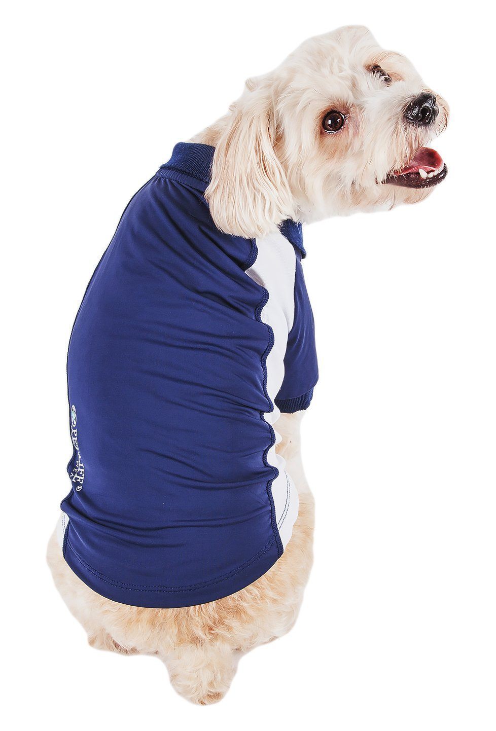 Navy dog polo shirt with white stripe panel and snap placket short sleeves