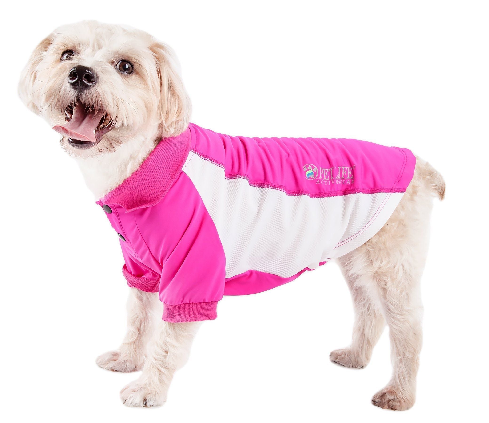 Pink dog polo with white side panels and stitched logo on upper chest