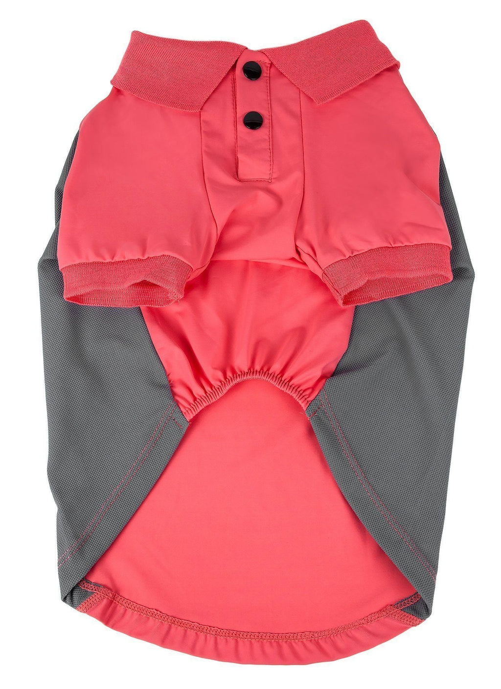 Salmon red dog polo shirt with dark gray mesh sides and snap-button placket