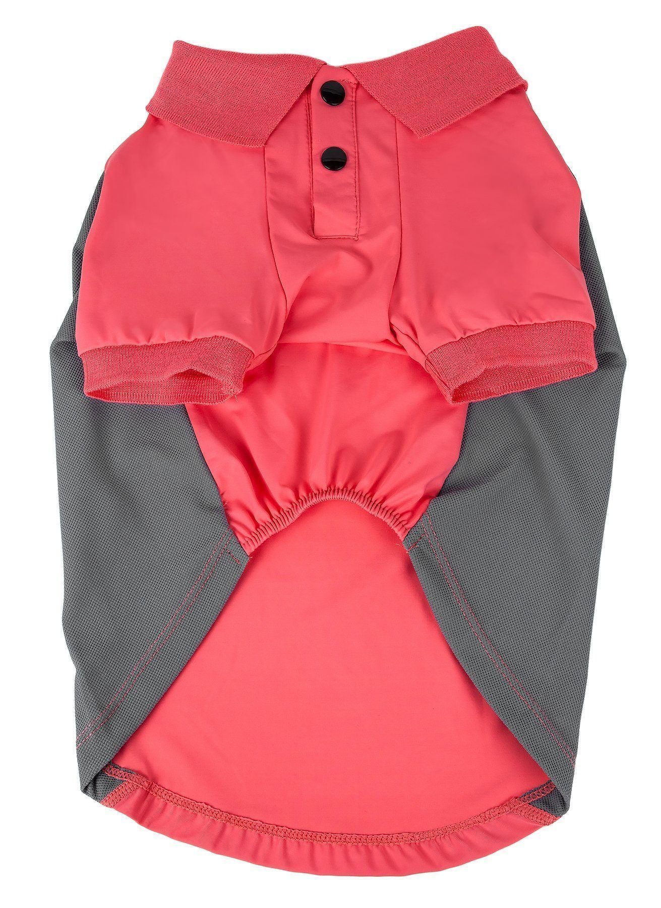 Salmon red dog polo shirt with dark gray mesh sides and snap-button placket
