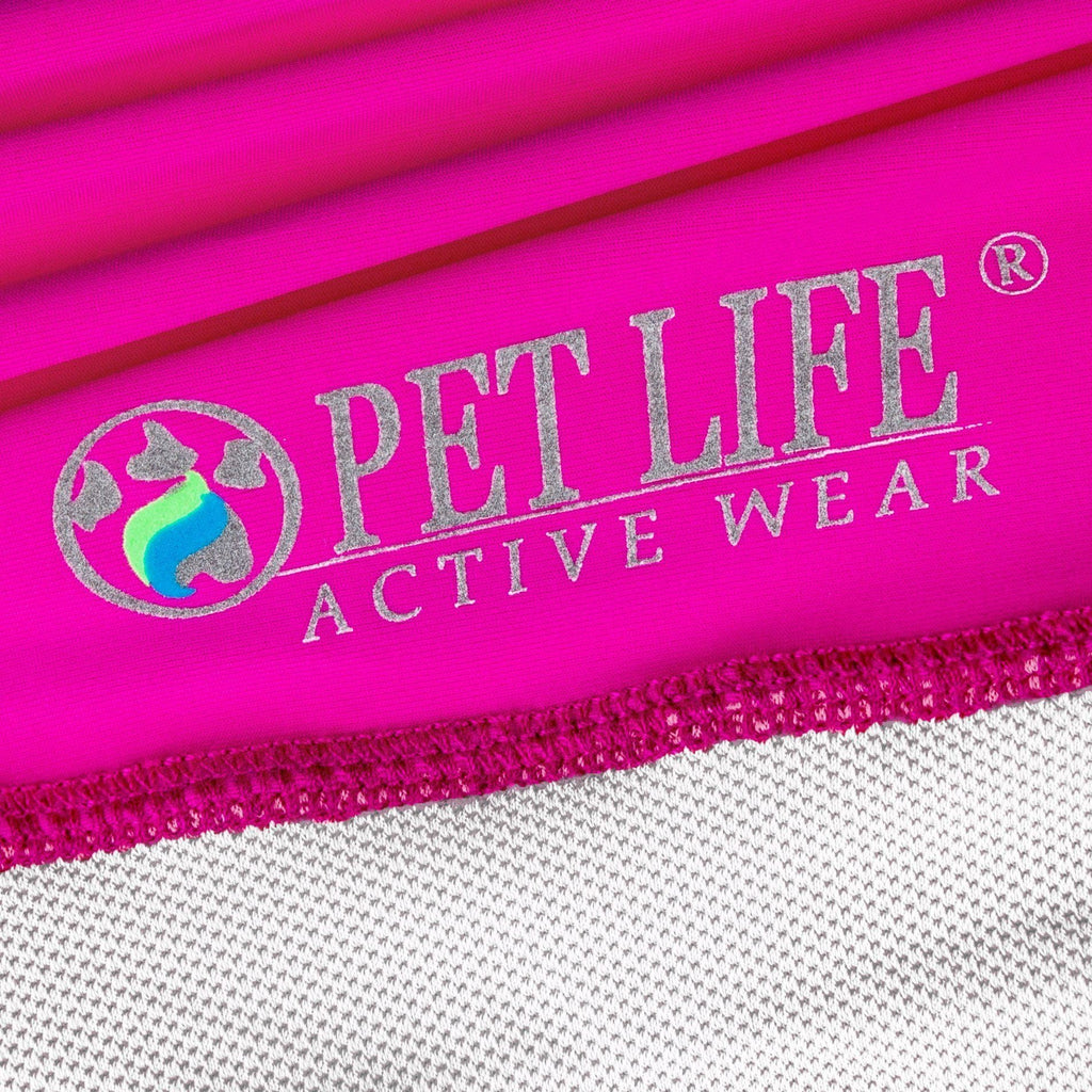 Pink dog polo hem with 'Active Wear' style logo text